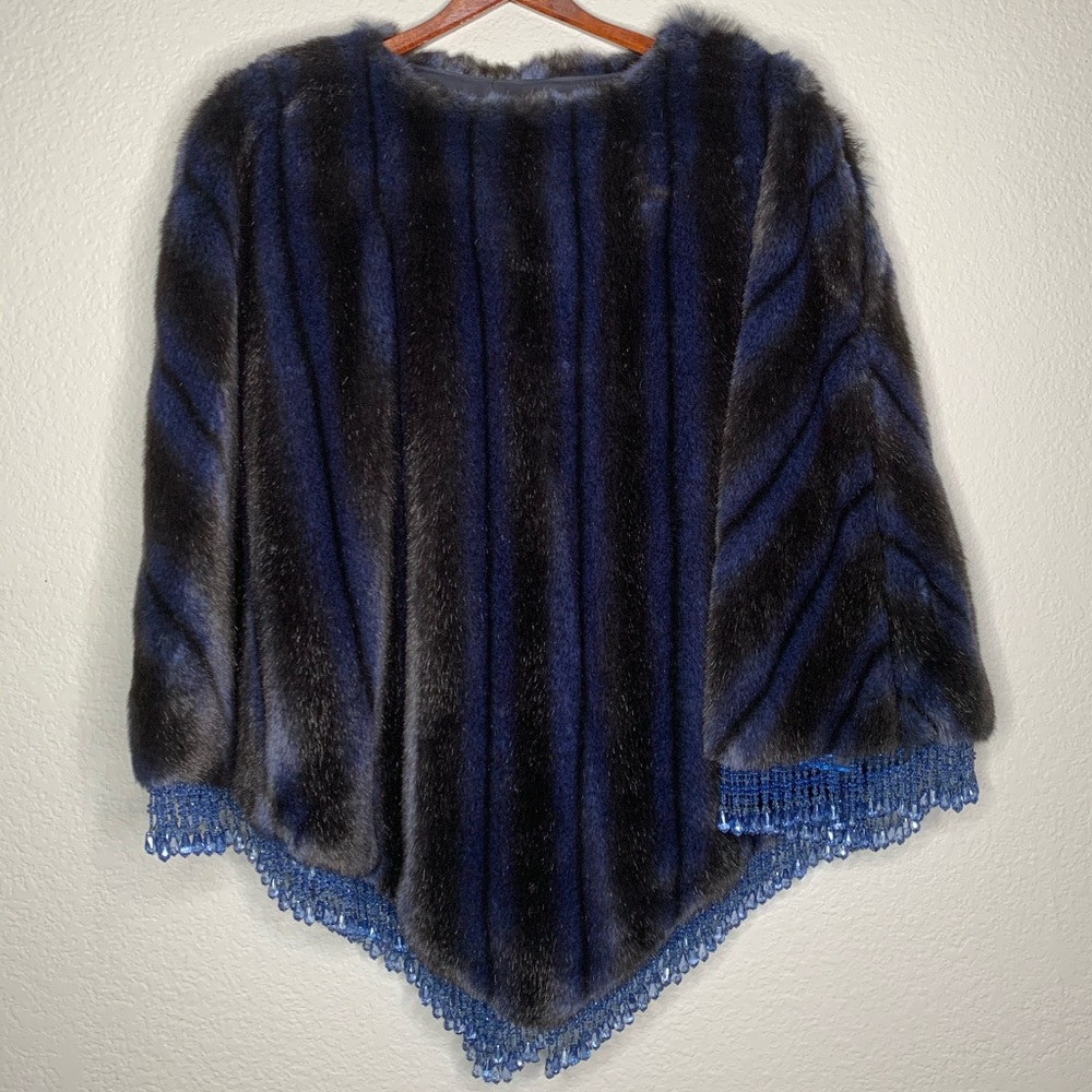 Faux Fur Hand Beaded Poncho Royal Blue and Black